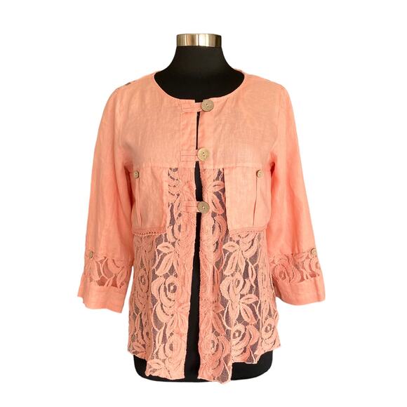 Ali Miles Peach Linen Layering Jacket SMALL Lace Inset Romantic Lagenlook Boho - Picture 1 of 12